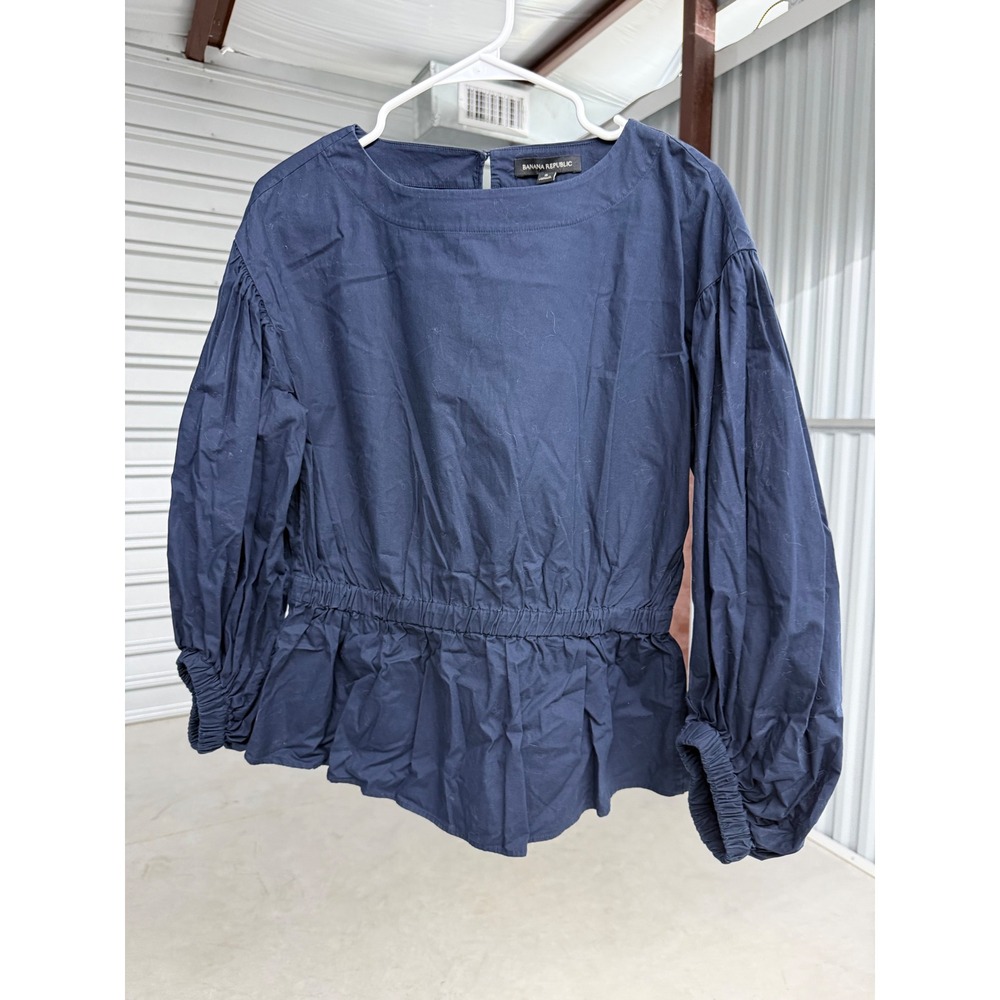Banana Republic Navy Blue Cotton Poplin Puff Sleeve Peplum Blouse Top Small